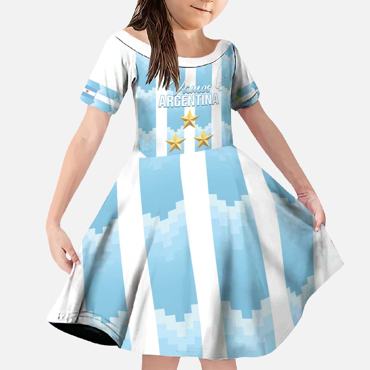 Custom Argentina Football Family Matching Off The Shoulder Long Sleeve Dress and Hawaiian Shirt Vamos La Albiceleste