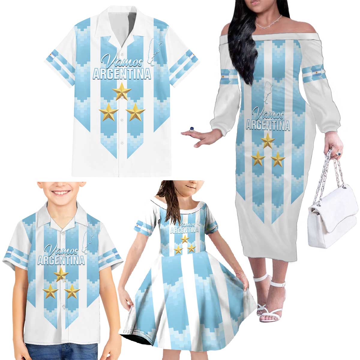 Custom Argentina Football Family Matching Off The Shoulder Long Sleeve Dress and Hawaiian Shirt Vamos La Albiceleste