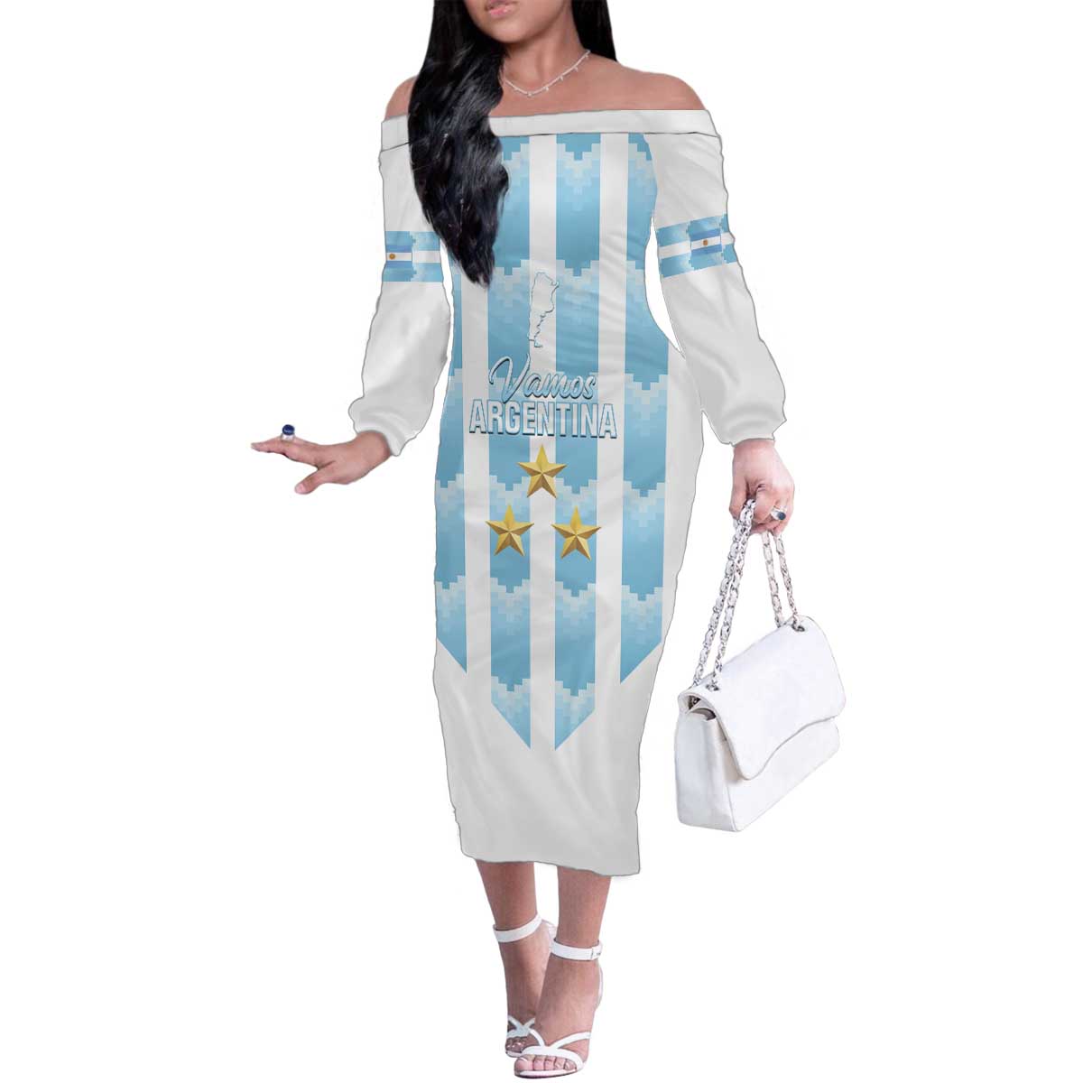 Custom Argentina Football Family Matching Off The Shoulder Long Sleeve Dress and Hawaiian Shirt Vamos La Albiceleste