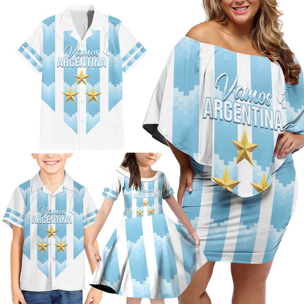 Custom Argentina Football Family Matching Off Shoulder Short Dress and Hawaiian Shirt Vamos La Albiceleste