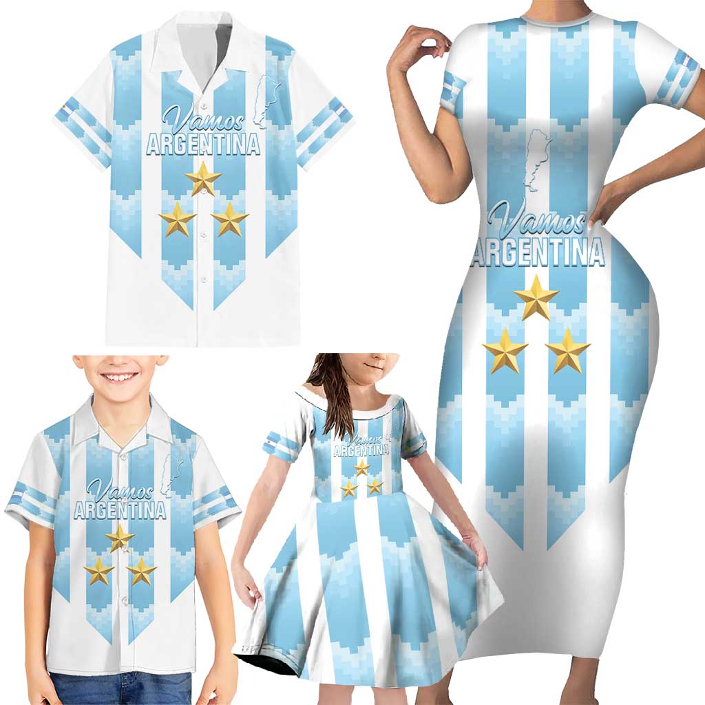 Custom Argentina Football Family Matching Short Sleeve Bodycon Dress and Hawaiian Shirt Vamos La Albiceleste