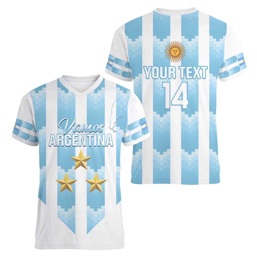 Custom Argentina Football Women V-Neck T-Shirt Vamos La Albiceleste