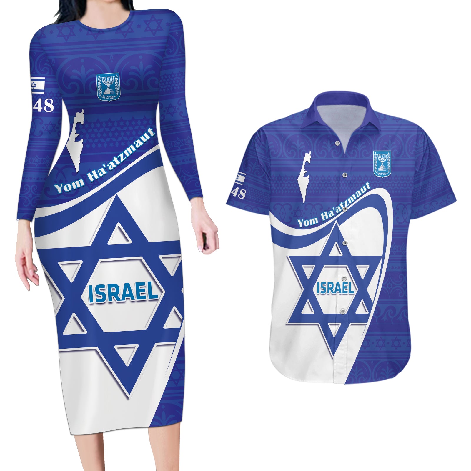 Personalised Israel Independence Day Couples Matching Long Sleeve Bodycon Dress and Hawaiian Shirt 2024 Yom Haatzmaut