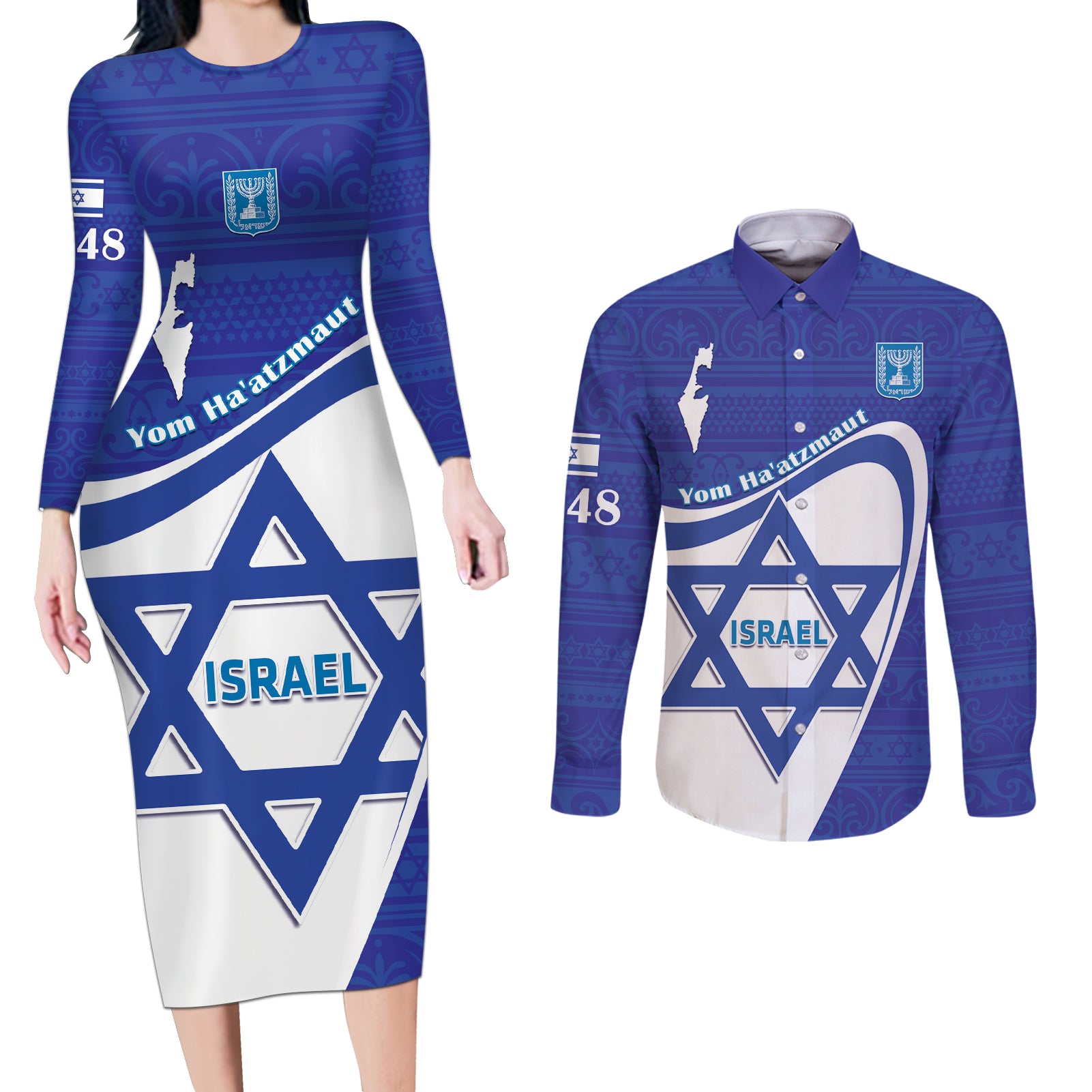 Personalised Israel Independence Day Couples Matching Long Sleeve Bodycon Dress and Long Sleeve Button Shirt 2024 Yom Haatzmaut - Wonder Print Shop