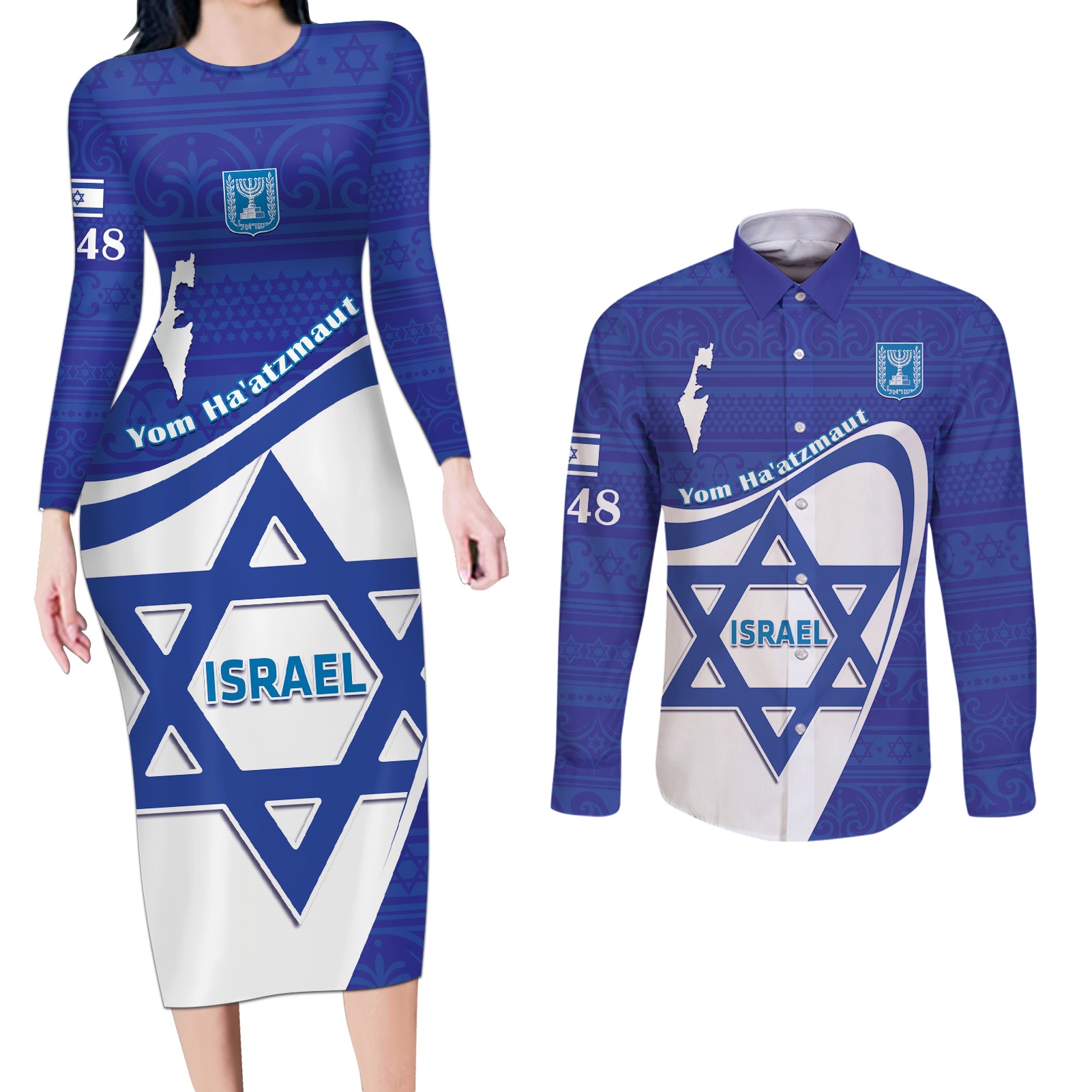 Personalised Israel Independence Day Couples Matching Long Sleeve Bodycon Dress and Long Sleeve Button Shirt 2024 Yom Haatzmaut