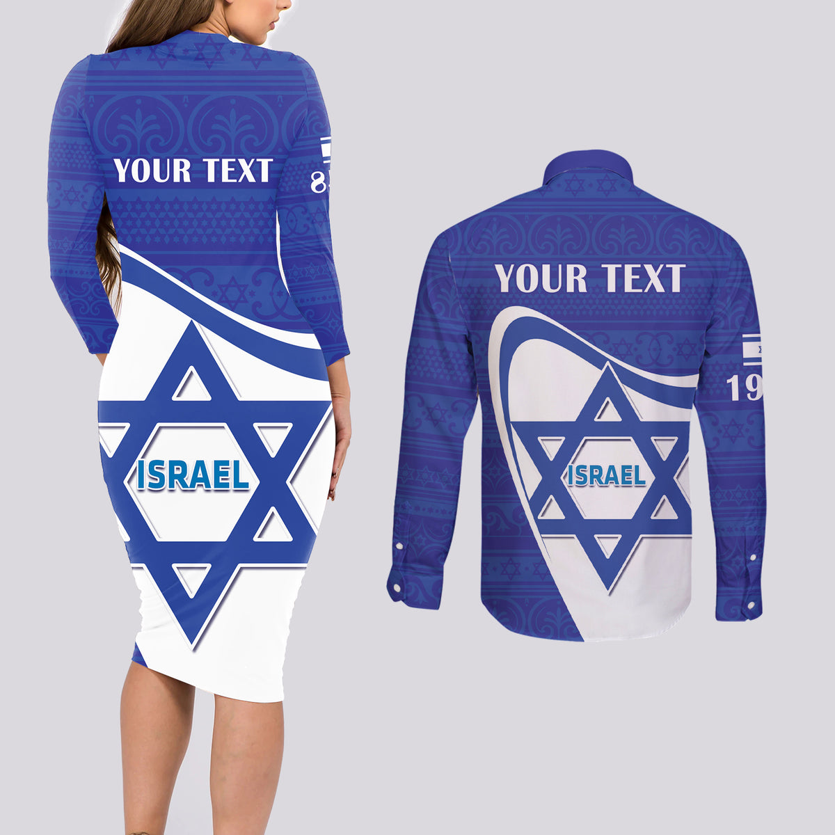 Personalised Israel Independence Day Couples Matching Long Sleeve Bodycon Dress and Long Sleeve Button Shirt 2024 Yom Haatzmaut - Wonder Print Shop