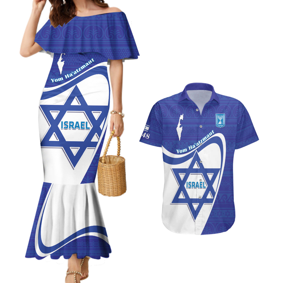 Personalised Israel Independence Day Couples Matching Mermaid Dress and Hawaiian Shirt 2024 Yom Haatzmaut