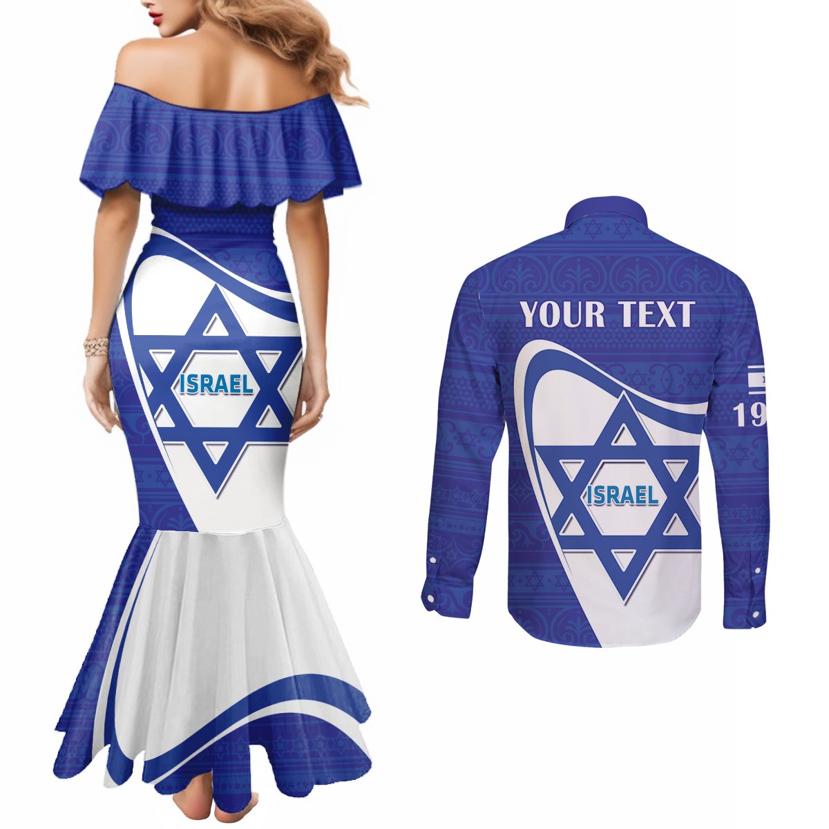 Personalised Israel Independence Day Couples Matching Mermaid Dress and Long Sleeve Button Shirt 2024 Yom Haatzmaut