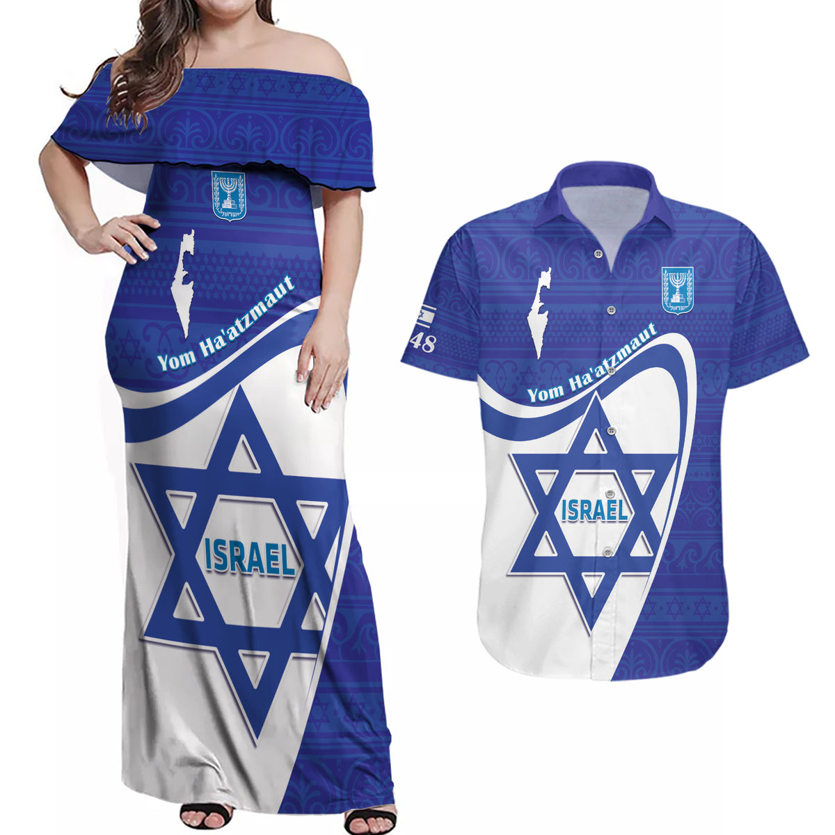 Personalised Israel Independence Day Couples Matching Off Shoulder Maxi Dress and Hawaiian Shirt 2024 Yom Haatzmaut - Wonder Print Shop