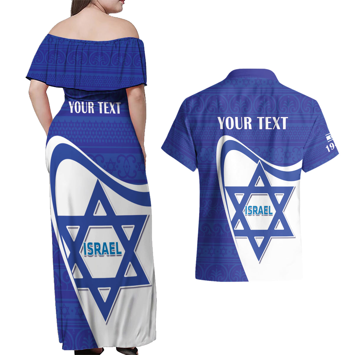 Personalised Israel Independence Day Couples Matching Off Shoulder Maxi Dress and Hawaiian Shirt 2024 Yom Haatzmaut - Wonder Print Shop