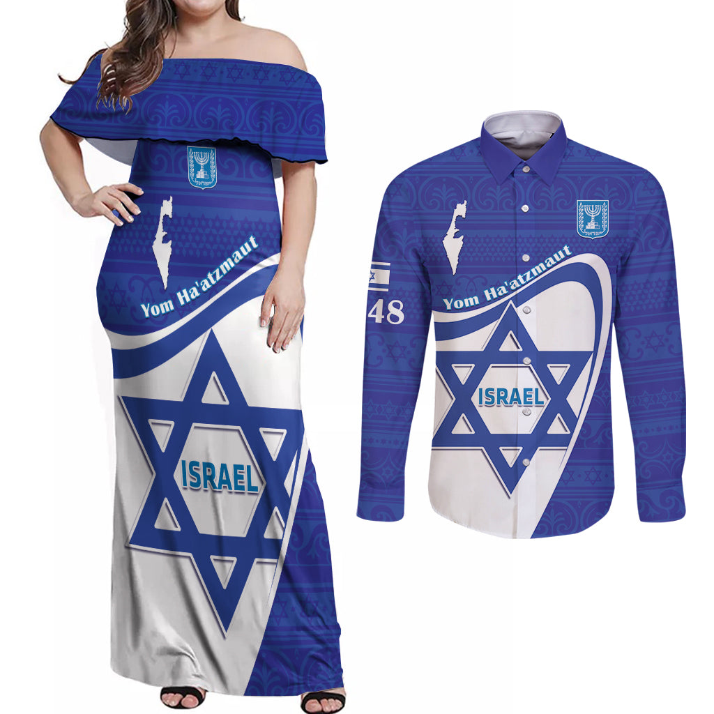 Personalised Israel Independence Day Couples Matching Off Shoulder Maxi Dress and Long Sleeve Button Shirt 2024 Yom Haatzmaut - Wonder Print Shop