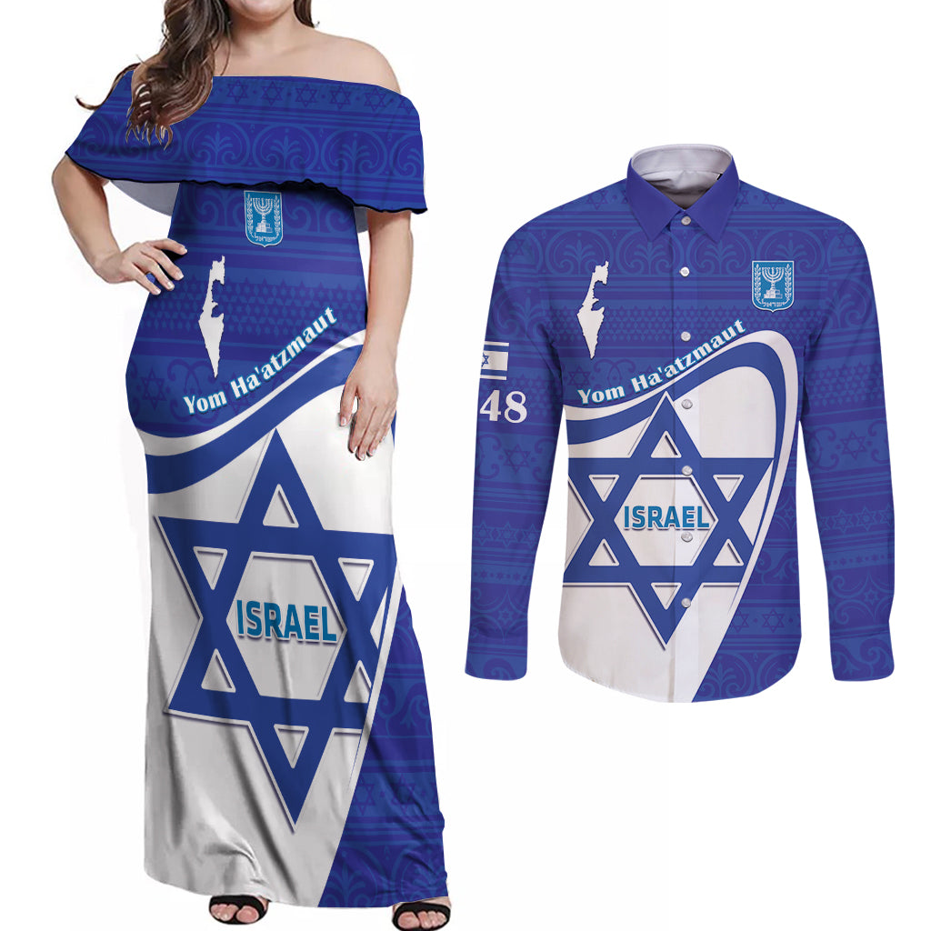 Personalised Israel Independence Day Couples Matching Off Shoulder Maxi Dress and Long Sleeve Button Shirt 2024 Yom Haatzmaut