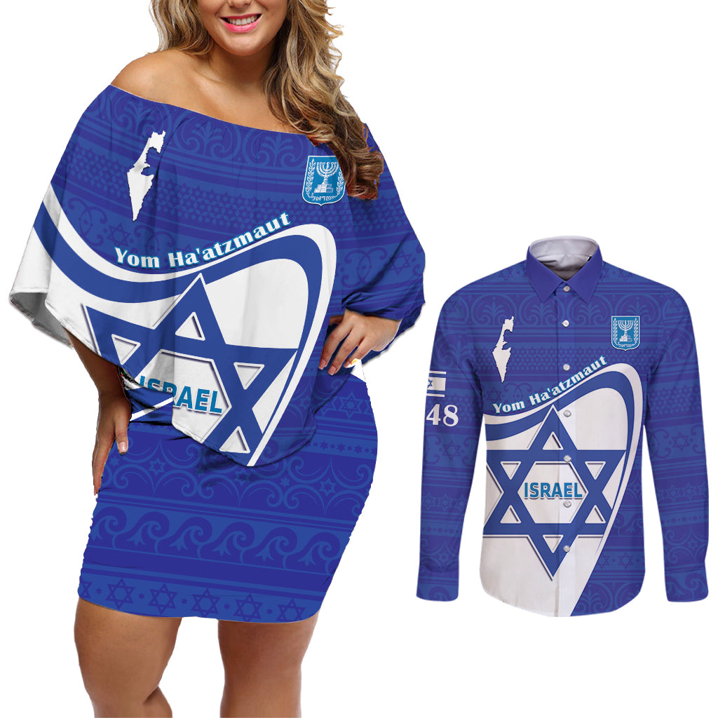 Personalised Israel Independence Day Couples Matching Off Shoulder Short Dress and Long Sleeve Button Shirt 2024 Yom Haatzmaut - Wonder Print Shop