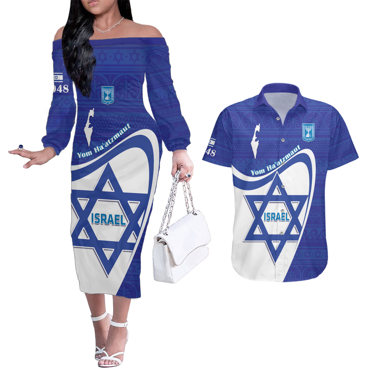 Personalised Israel Independence Day Couples Matching Off The Shoulder Long Sleeve Dress and Hawaiian Shirt 2024 Yom Haatzmaut - Wonder Print Shop