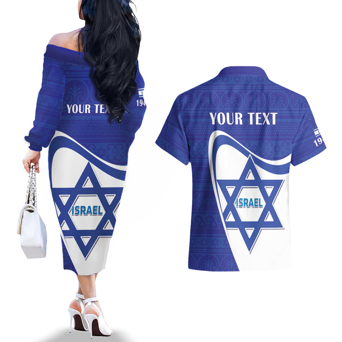 Personalised Israel Independence Day Couples Matching Off The Shoulder Long Sleeve Dress and Hawaiian Shirt 2024 Yom Haatzmaut - Wonder Print Shop