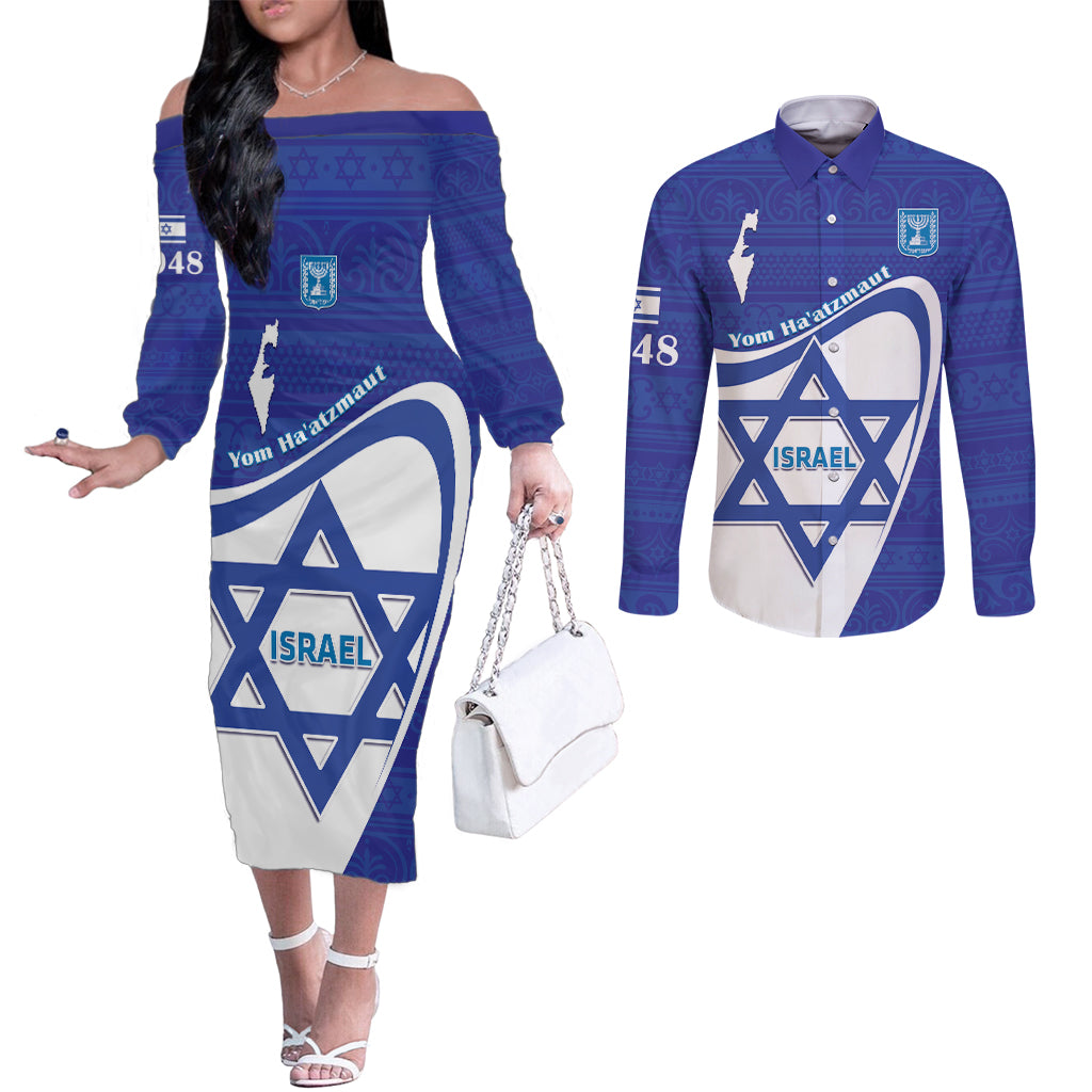 Personalised Israel Independence Day Couples Matching Off The Shoulder Long Sleeve Dress and Long Sleeve Button Shirt 2024 Yom Haatzmaut
