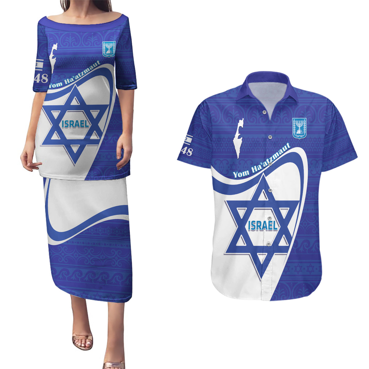 Personalised Israel Independence Day Couples Matching Puletasi and Hawaiian Shirt 2024 Yom Haatzmaut - Wonder Print Shop