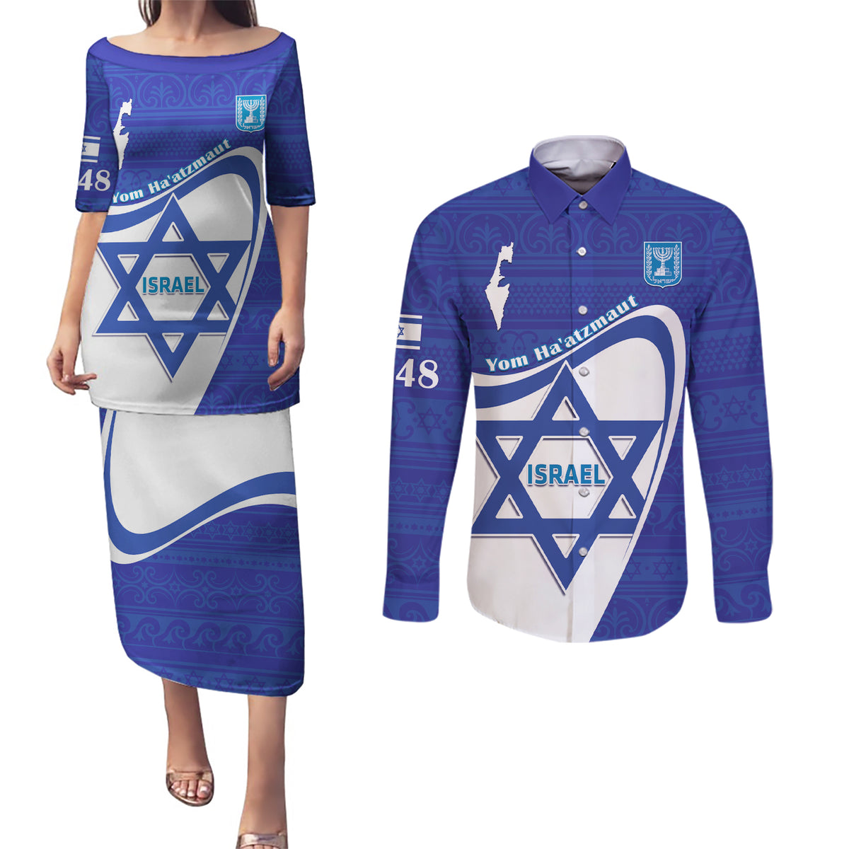 Personalised Israel Independence Day Couples Matching Puletasi and Long Sleeve Button Shirt 2024 Yom Haatzmaut - Wonder Print Shop