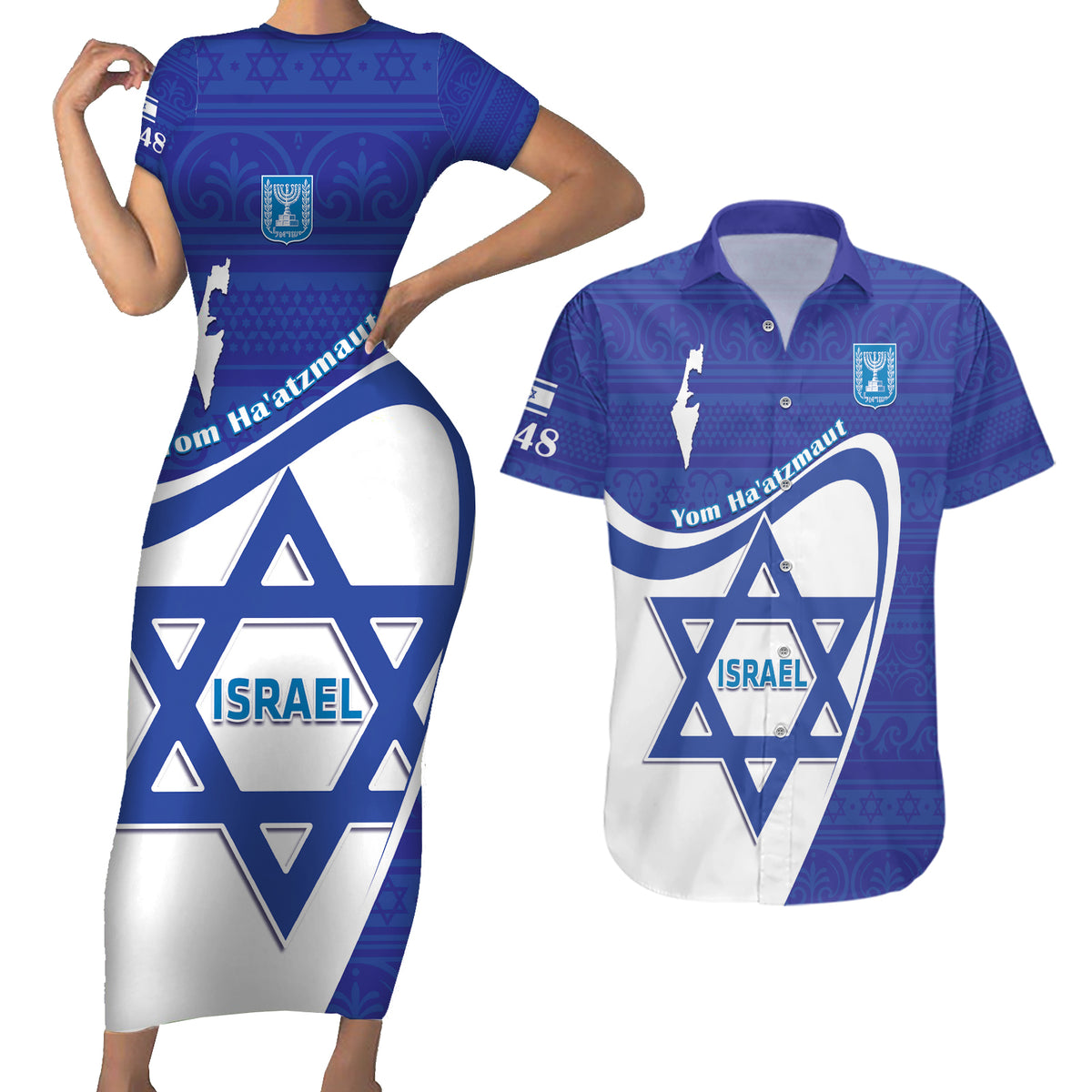 Personalised Israel Independence Day Couples Matching Short Sleeve Bodycon Dress and Hawaiian Shirt 2024 Yom Haatzmaut - Wonder Print Shop