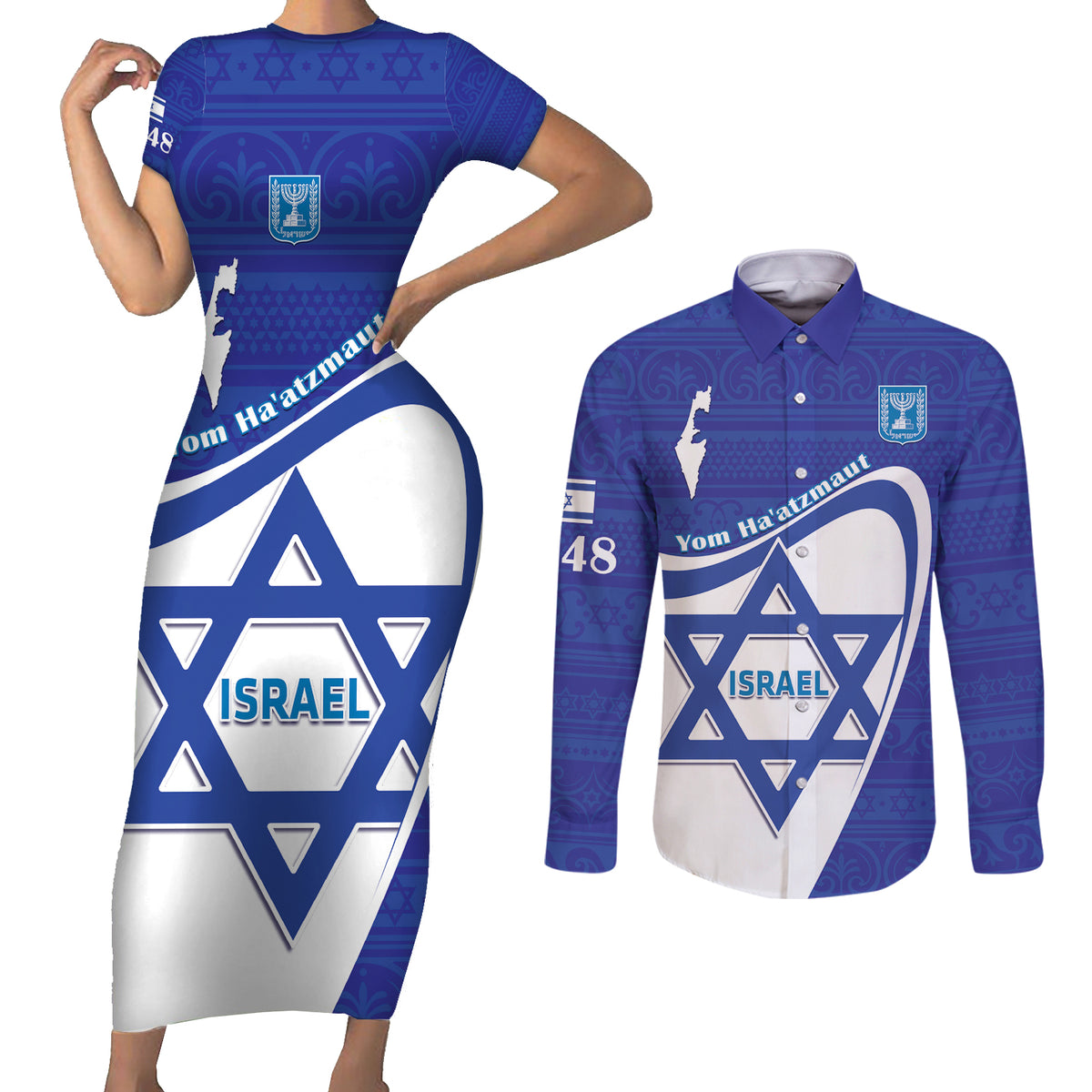 Personalised Israel Independence Day Couples Matching Short Sleeve Bodycon Dress and Long Sleeve Button Shirt 2024 Yom Haatzmaut - Wonder Print Shop