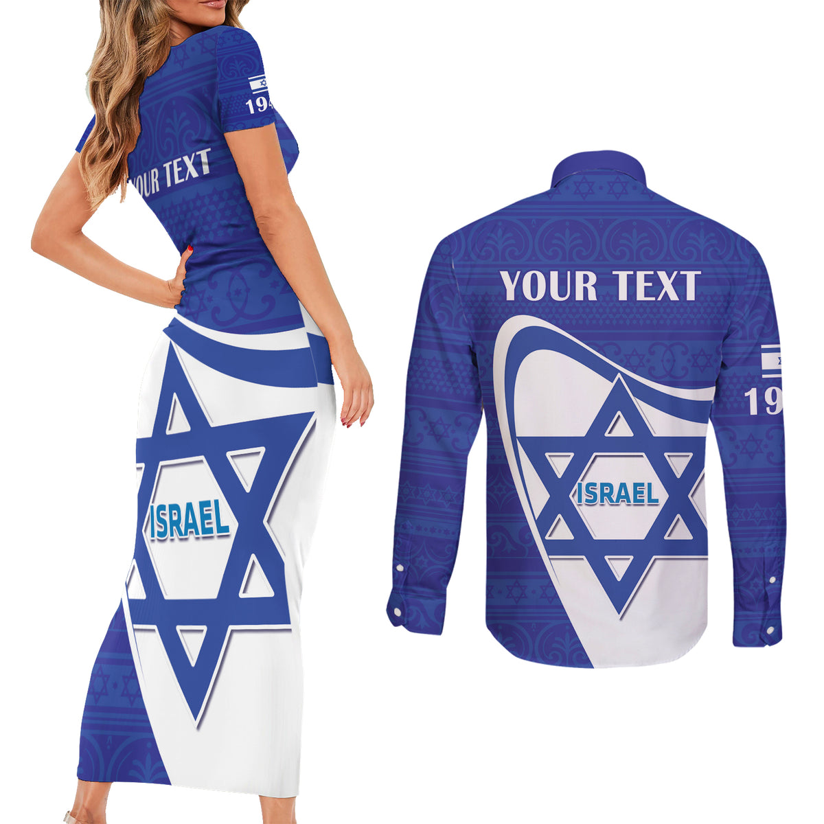 Personalised Israel Independence Day Couples Matching Short Sleeve Bodycon Dress and Long Sleeve Button Shirt 2024 Yom Haatzmaut - Wonder Print Shop