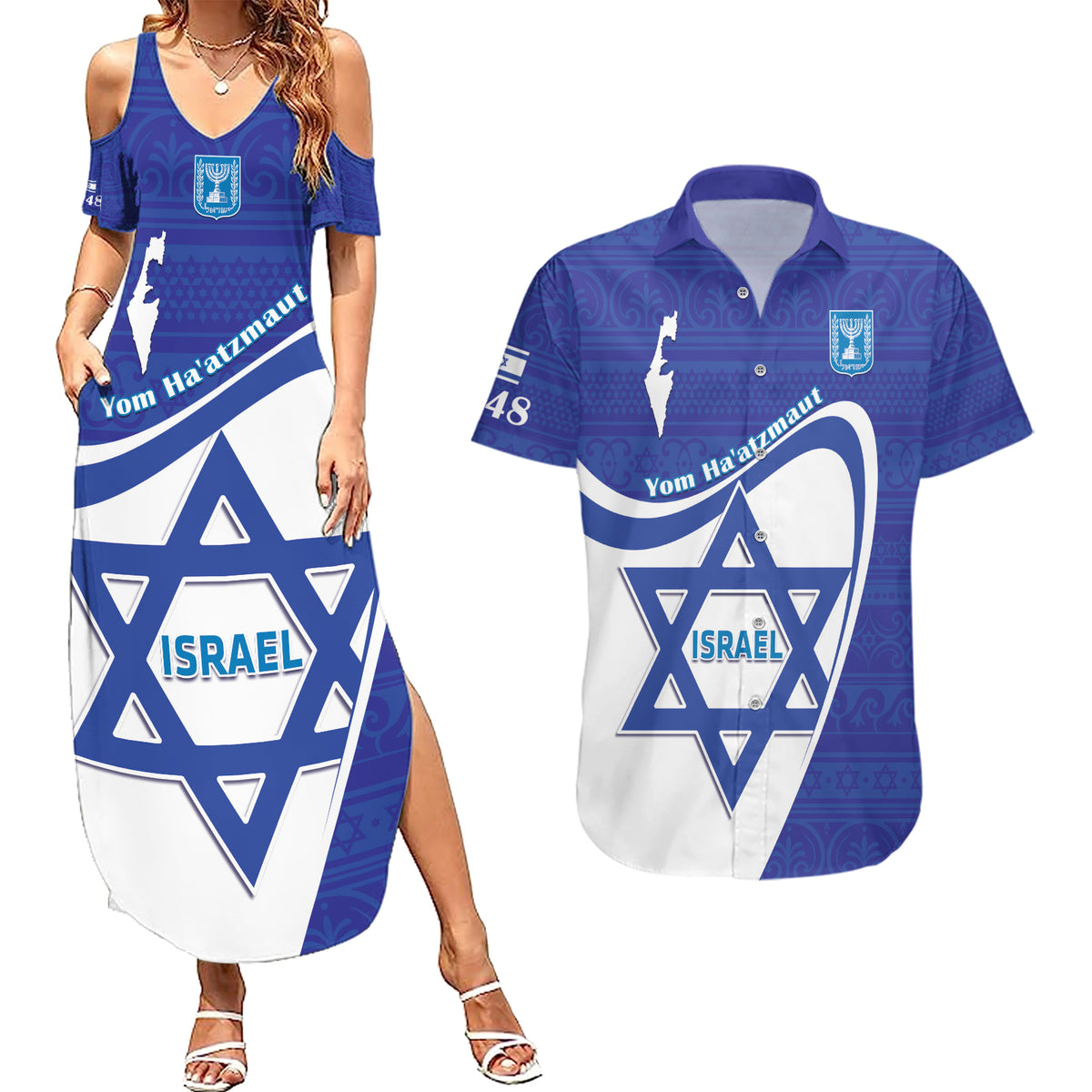 Personalised Israel Independence Day Couples Matching Summer Maxi Dress and Hawaiian Shirt 2024 Yom Haatzmaut - Wonder Print Shop