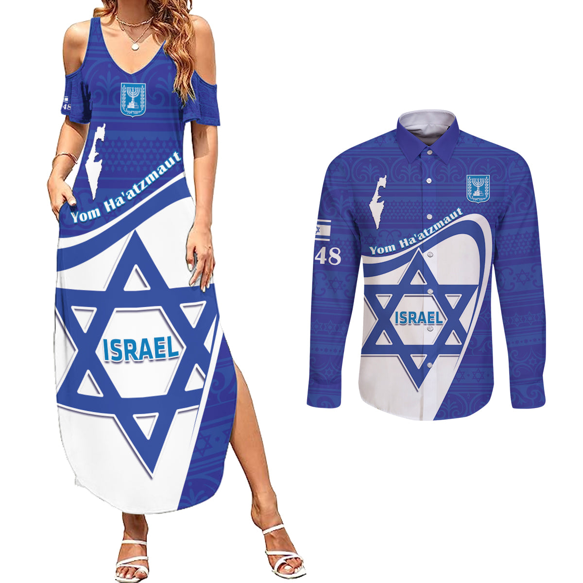 Personalised Israel Independence Day Couples Matching Summer Maxi Dress and Long Sleeve Button Shirt 2024 Yom Haatzmaut - Wonder Print Shop