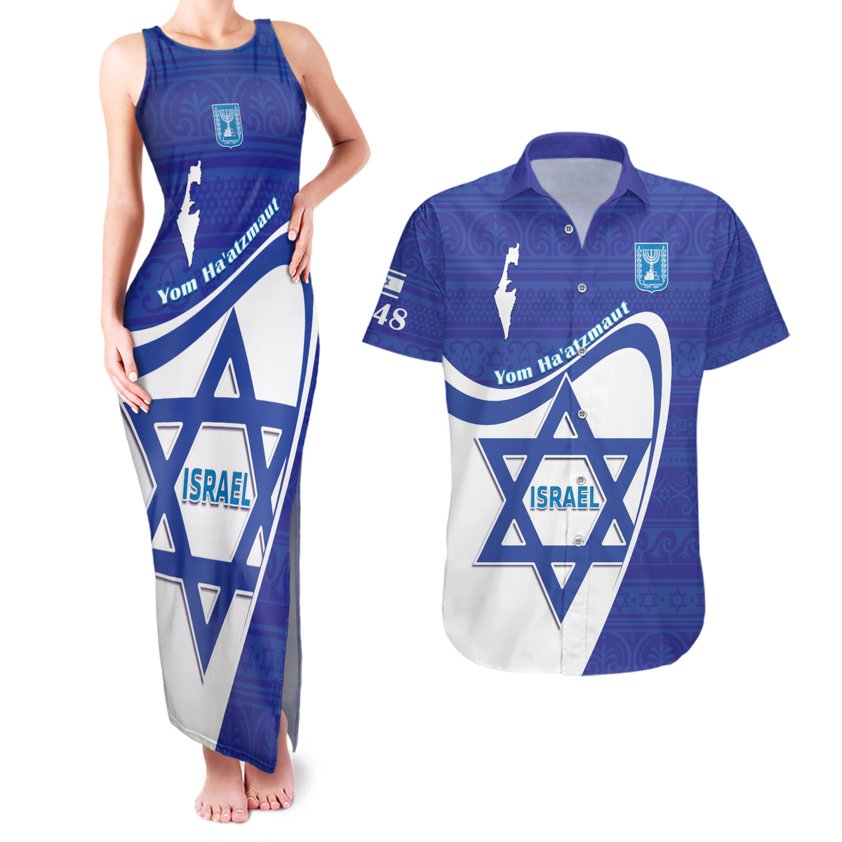 Personalised Israel Independence Day Couples Matching Tank Maxi Dress and Hawaiian Shirt 2024 Yom Haatzmaut - Wonder Print Shop