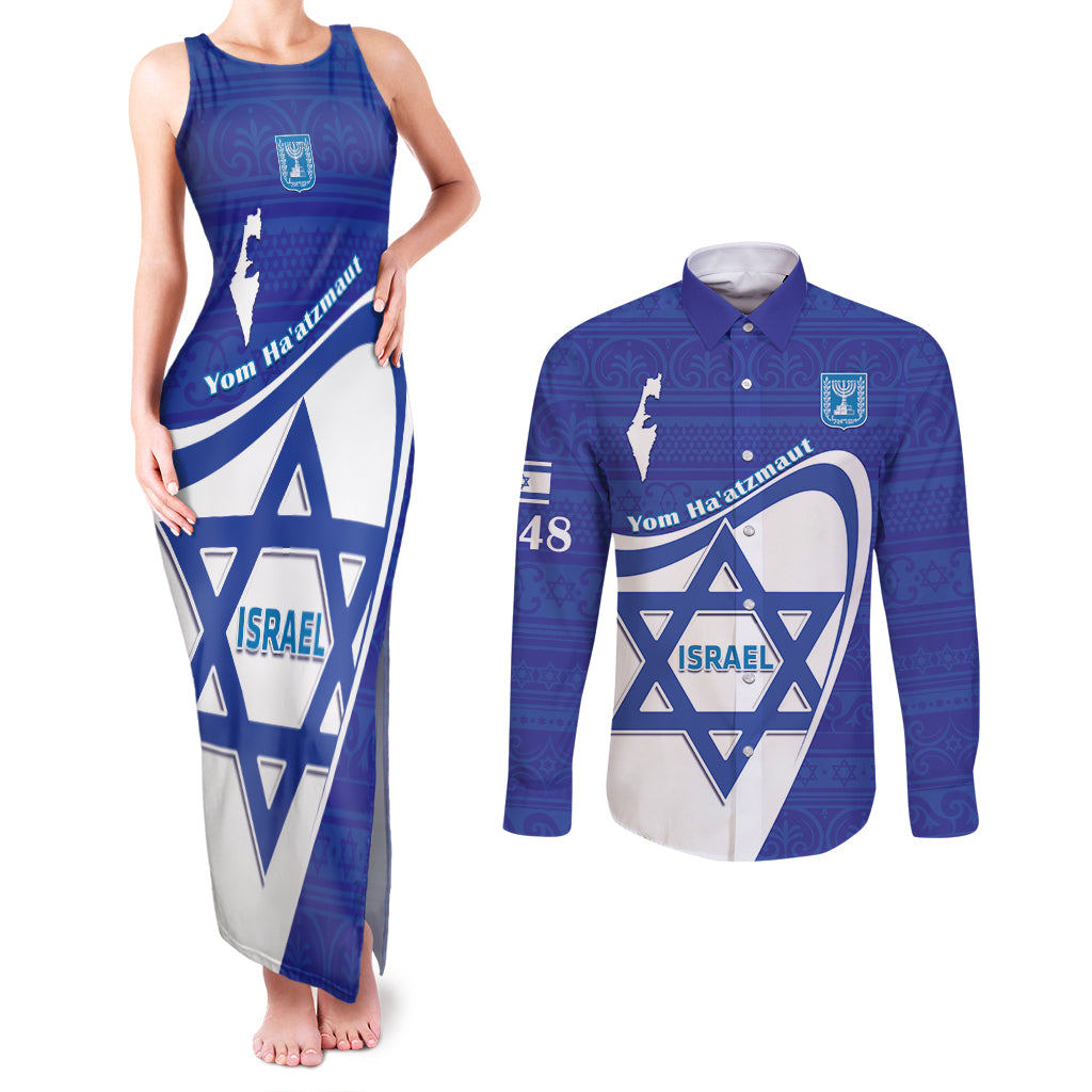 Personalised Israel Independence Day Couples Matching Tank Maxi Dress and Long Sleeve Button Shirt 2024 Yom Haatzmaut - Wonder Print Shop