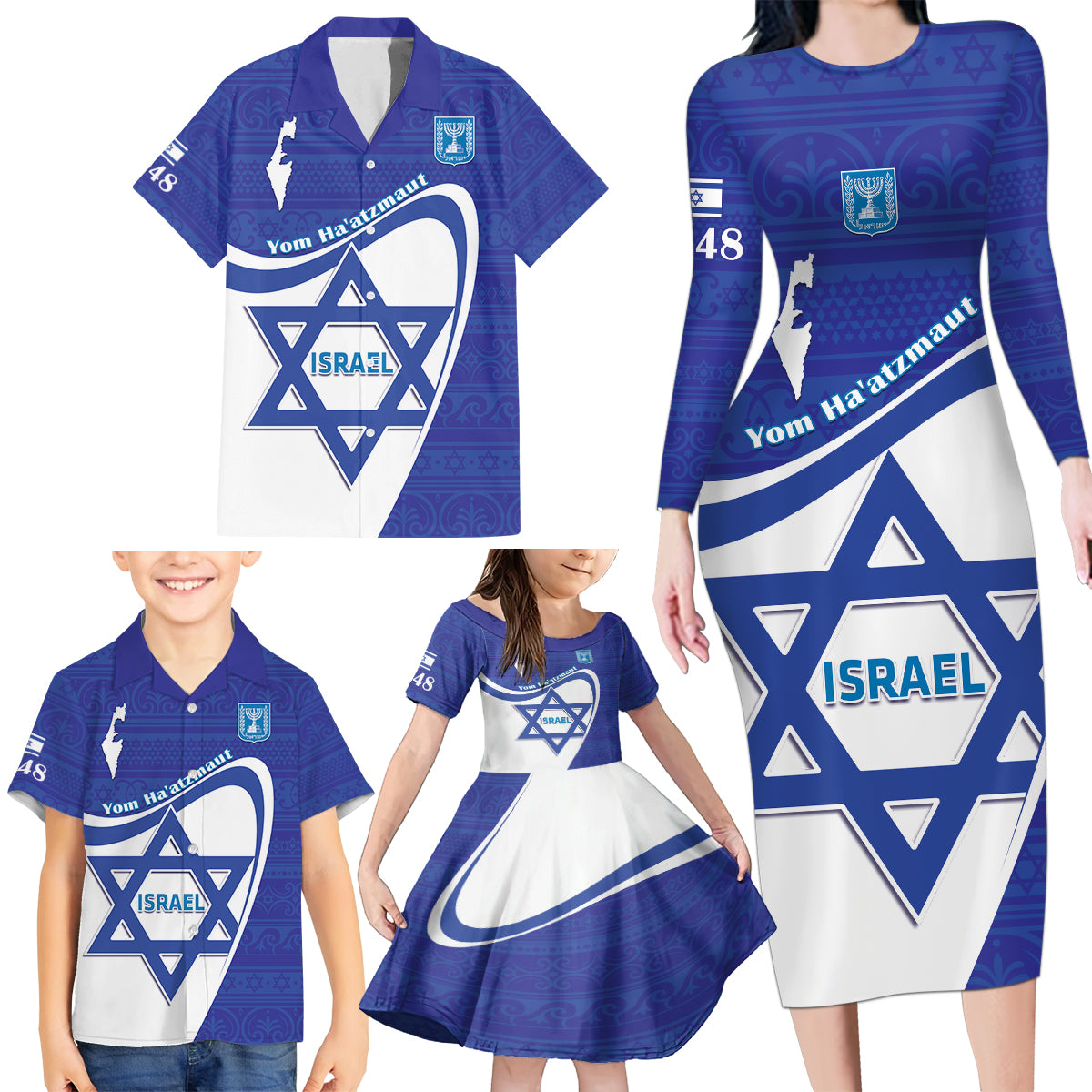 Personalised Israel Independence Day Family Matching Long Sleeve Bodycon Dress and Hawaiian Shirt 2024 Yom Haatzmaut - Wonder Print Shop