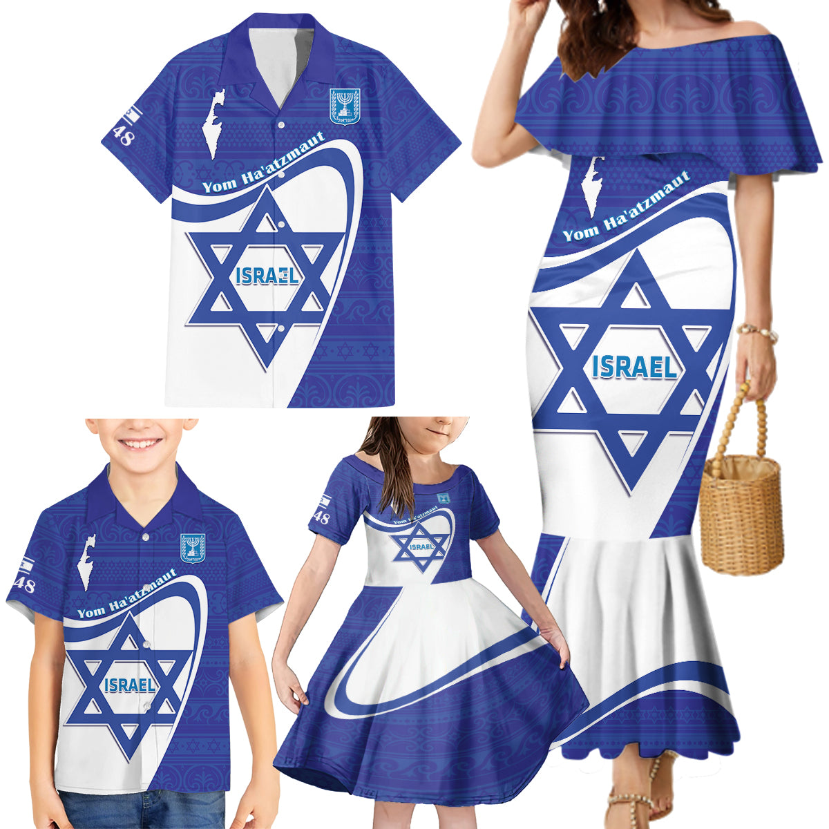 Personalised Israel Independence Day Family Matching Mermaid Dress and Hawaiian Shirt 2024 Yom Haatzmaut - Wonder Print Shop