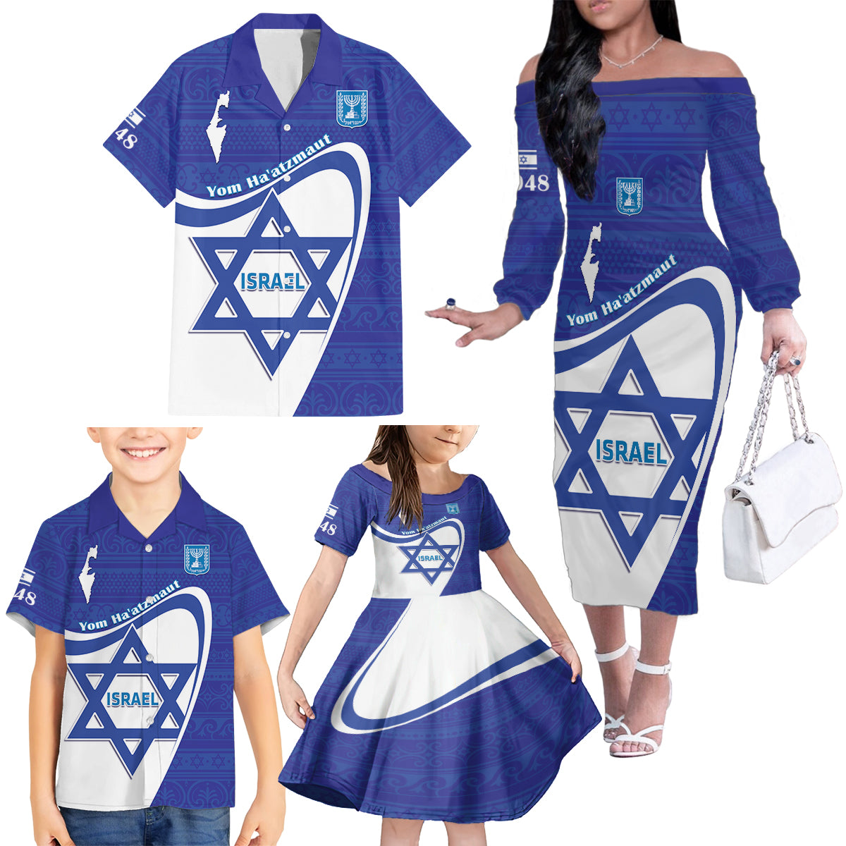 Personalised Israel Independence Day Family Matching Off The Shoulder Long Sleeve Dress and Hawaiian Shirt 2024 Yom Haatzmaut - Wonder Print Shop