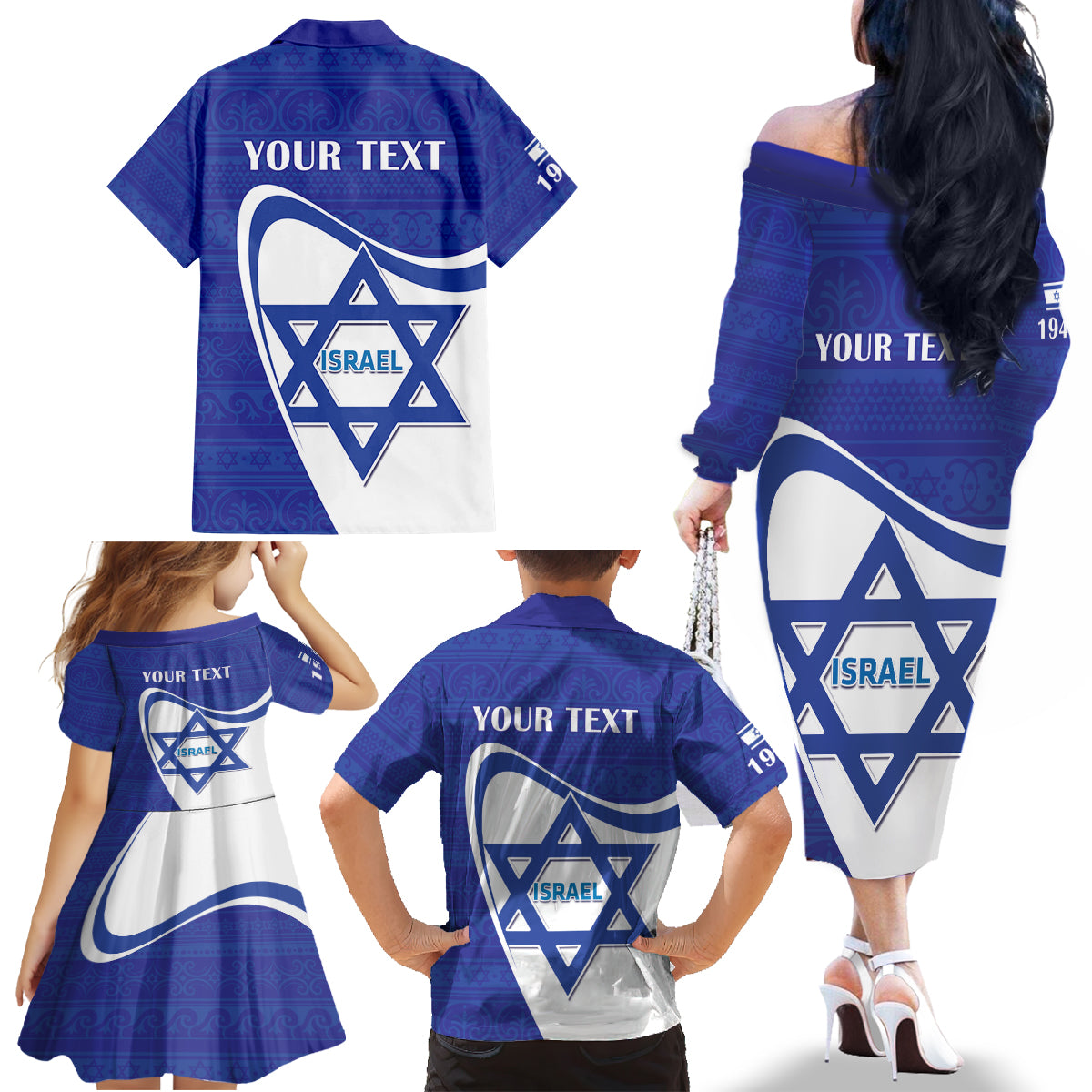 Personalised Israel Independence Day Family Matching Off The Shoulder Long Sleeve Dress and Hawaiian Shirt 2024 Yom Haatzmaut - Wonder Print Shop