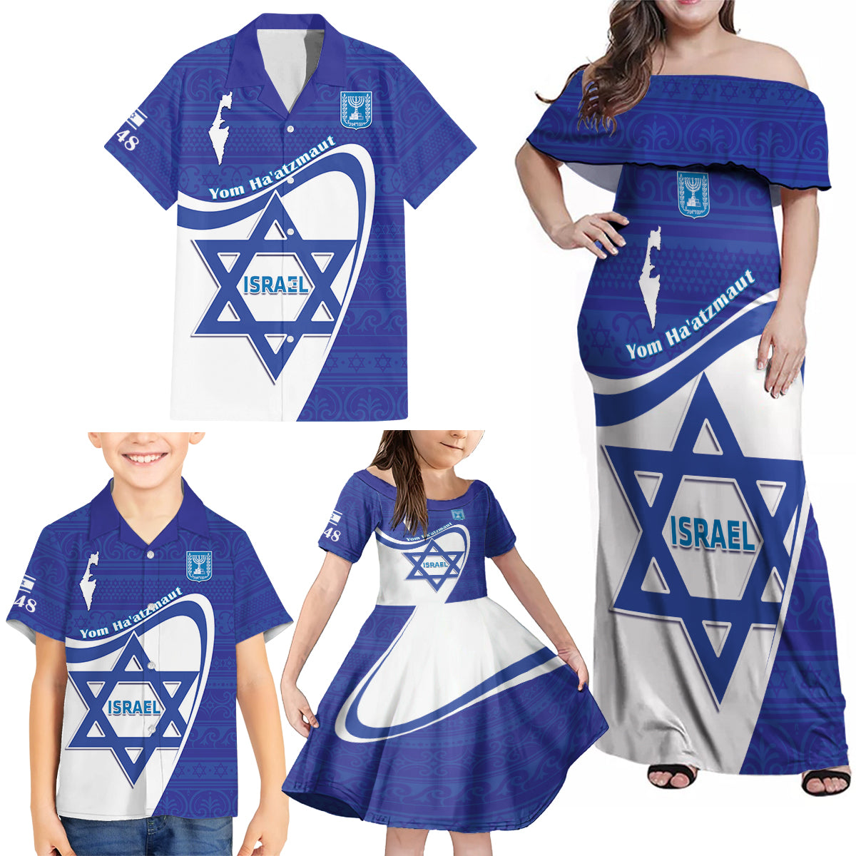Personalised Israel Independence Day Family Matching Off Shoulder Maxi Dress and Hawaiian Shirt 2024 Yom Haatzmaut - Wonder Print Shop
