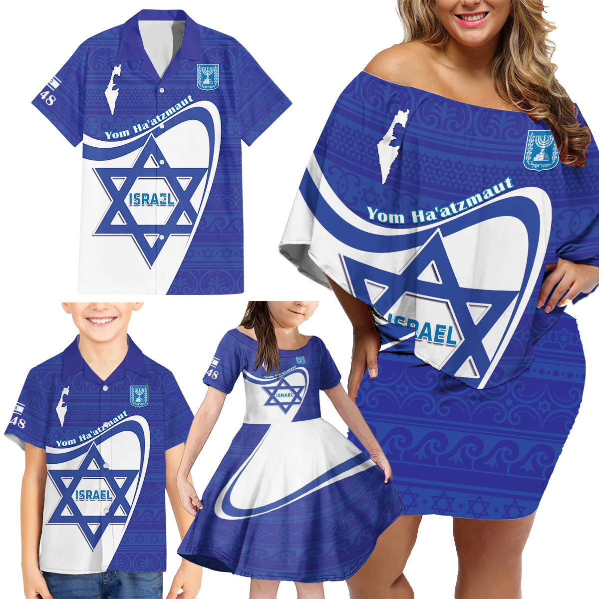 Personalised Israel Independence Day Family Matching Off Shoulder Short Dress and Hawaiian Shirt 2024 Yom Haatzmaut - Wonder Print Shop