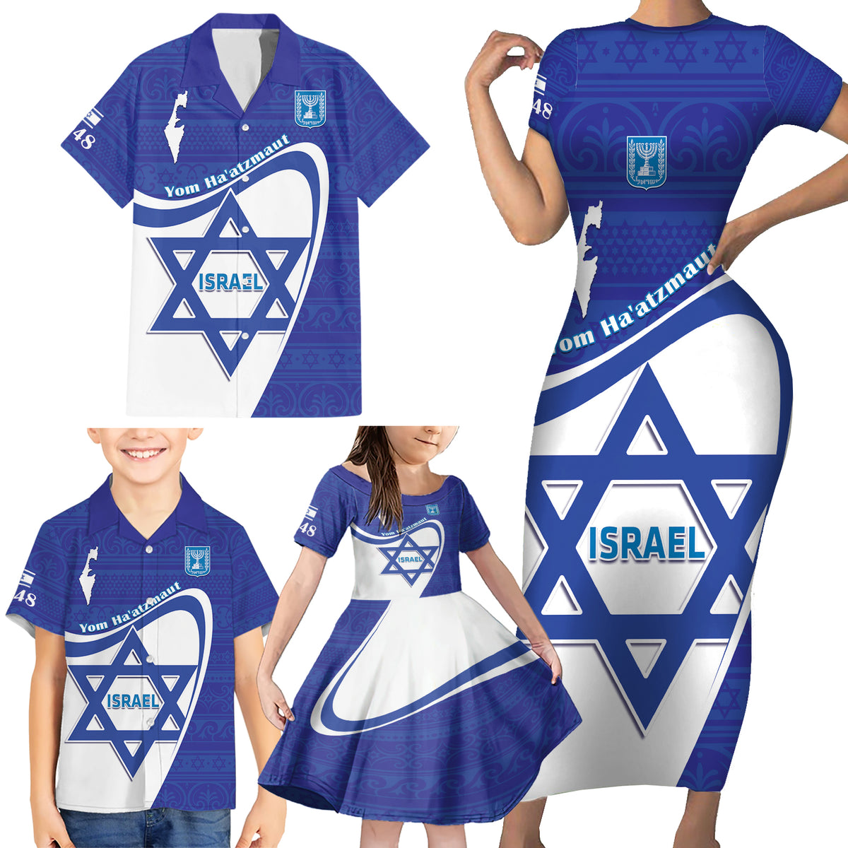 Personalised Israel Independence Day Family Matching Short Sleeve Bodycon Dress and Hawaiian Shirt 2024 Yom Haatzmaut - Wonder Print Shop