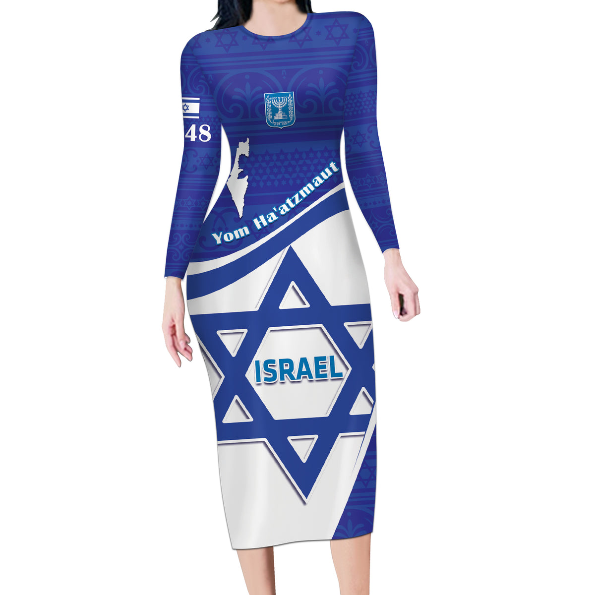 Personalised Israel Independence Day Long Sleeve Bodycon Dress 2024 Yom Haatzmaut - Wonder Print Shop