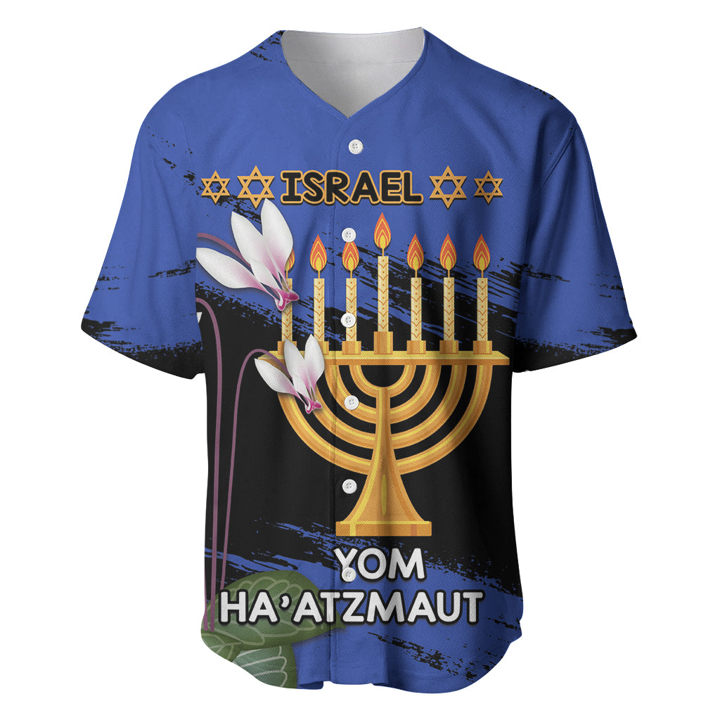 Personalised Israel Independence Day Baseball Jersey Menorah With Cyclamen Persicum Grunge