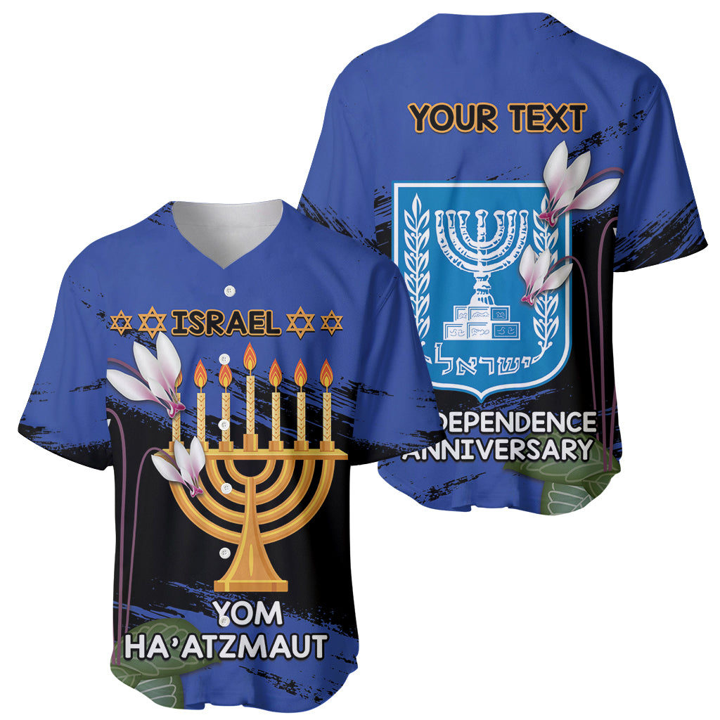 Personalised Israel Independence Day Baseball Jersey Menorah With Cyclamen Persicum Grunge - Wonder Print Shop