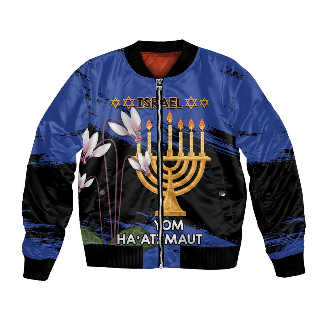 Personalised Israel Independence Day Bomber Jacket Menorah With Cyclamen Persicum Grunge - Wonder Print Shop