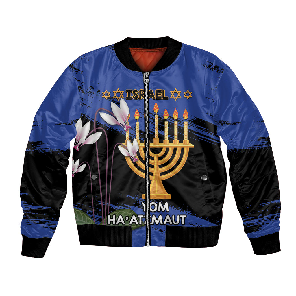 Personalised Israel Independence Day Bomber Jacket Menorah With Cyclamen Persicum Grunge