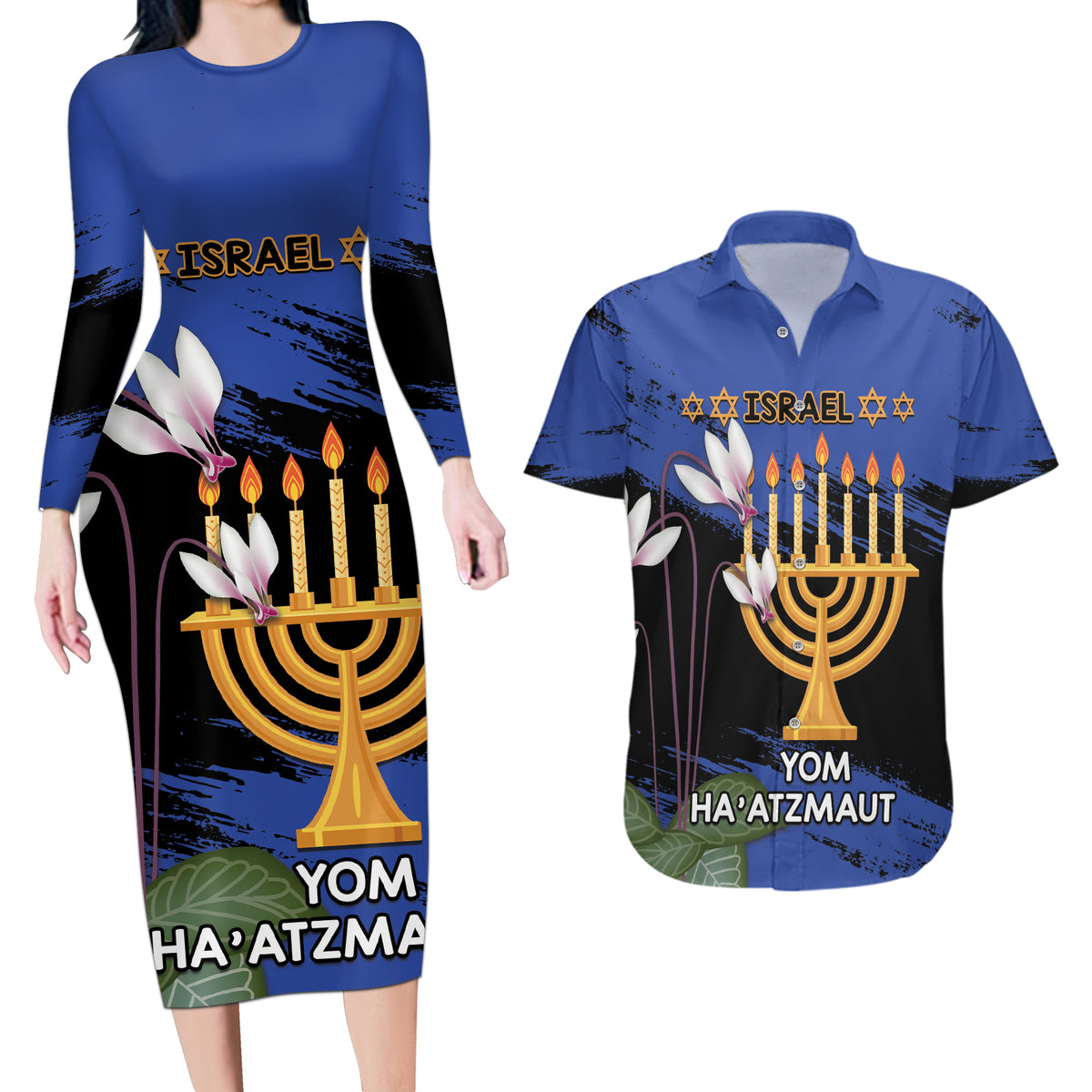 Personalised Israel Independence Day Couples Matching Long Sleeve Bodycon Dress and Hawaiian Shirt Menorah With Cyclamen Persicum Grunge - Wonder Print Shop