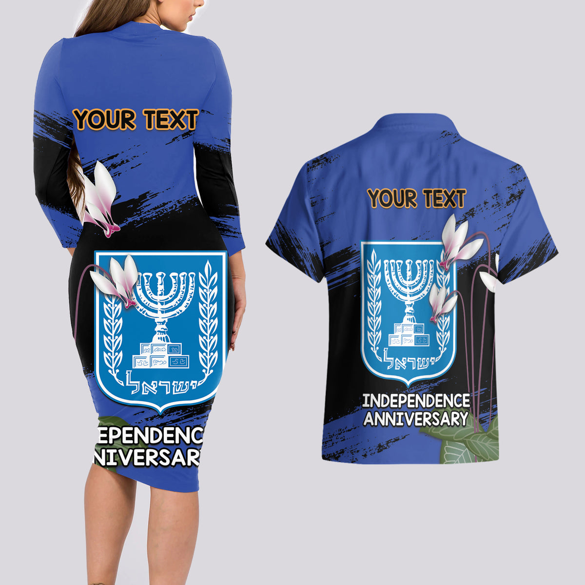 Personalised Israel Independence Day Couples Matching Long Sleeve Bodycon Dress and Hawaiian Shirt Menorah With Cyclamen Persicum Grunge - Wonder Print Shop