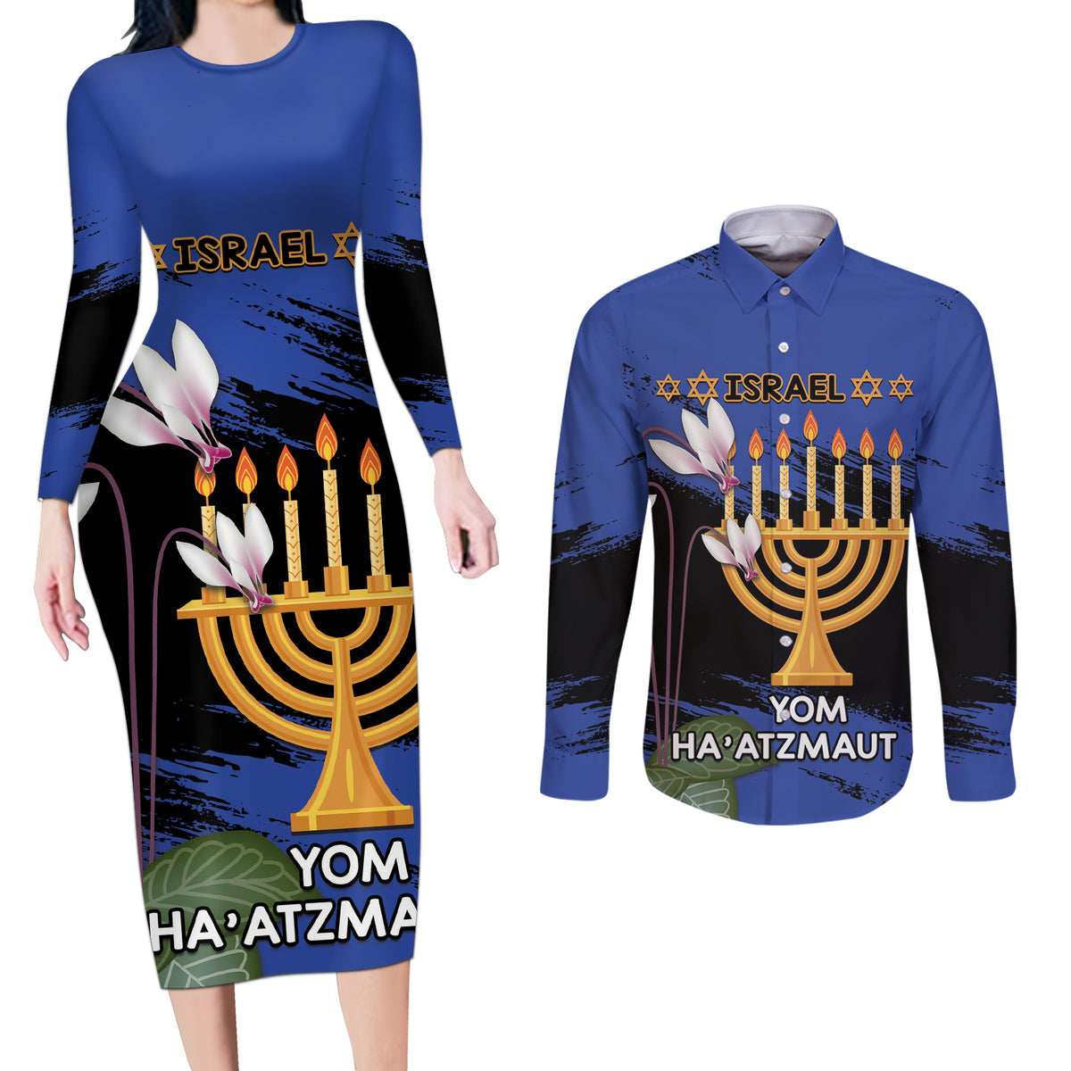 Personalised Israel Independence Day Couples Matching Long Sleeve Bodycon Dress and Long Sleeve Button Shirt Menorah With Cyclamen Persicum Grunge - Wonder Print Shop