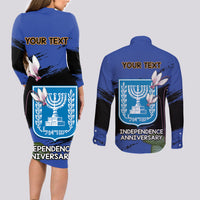 Personalised Israel Independence Day Couples Matching Long Sleeve Bodycon Dress and Long Sleeve Button Shirt Menorah With Cyclamen Persicum Grunge - Wonder Print Shop