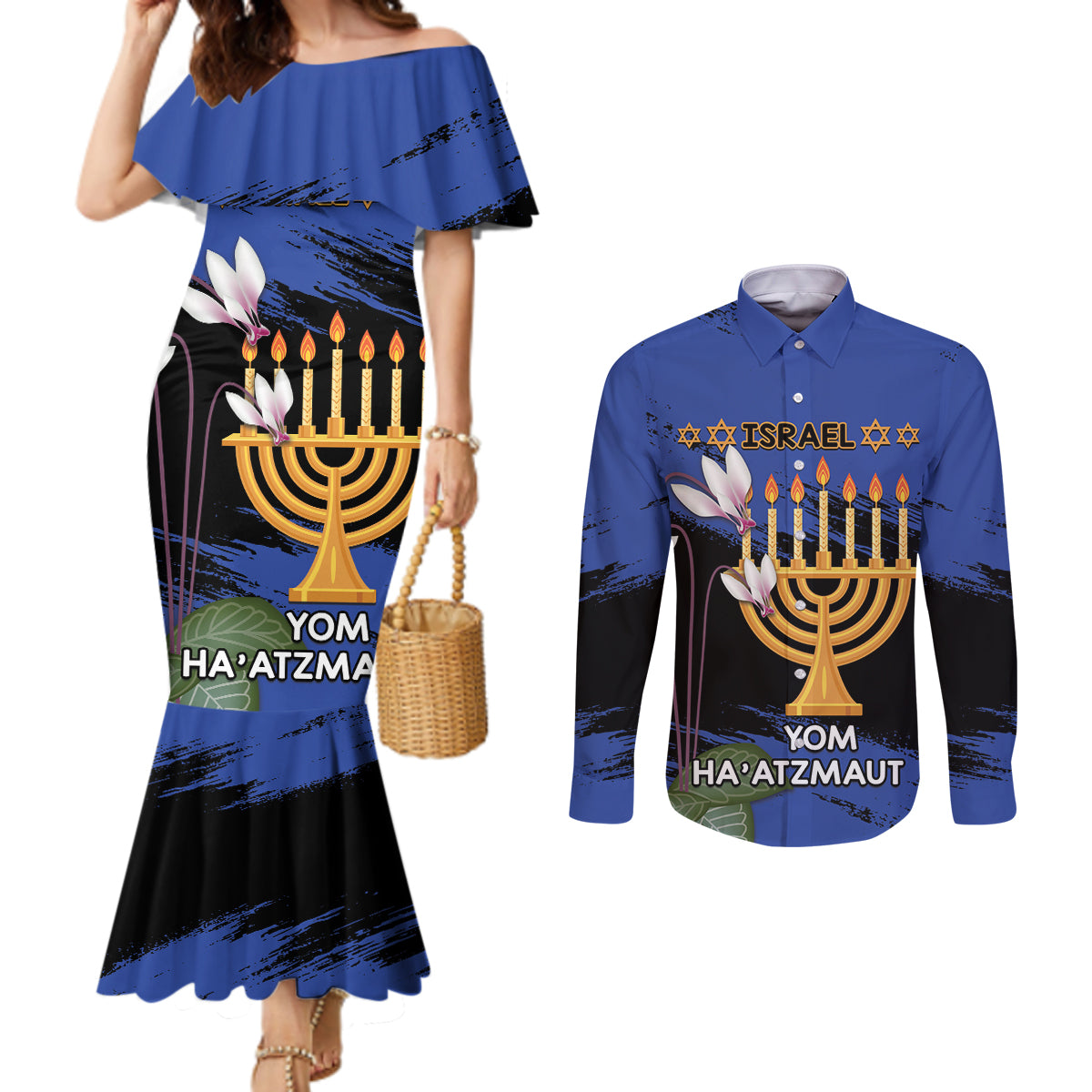 Personalised Israel Independence Day Couples Matching Mermaid Dress and Long Sleeve Button Shirt Menorah With Cyclamen Persicum Grunge