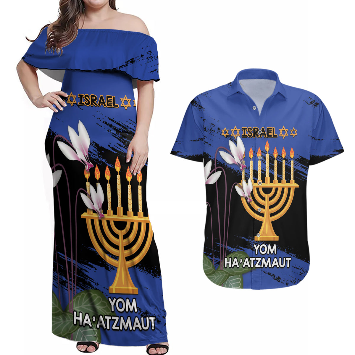 Personalised Israel Independence Day Couples Matching Off Shoulder Maxi Dress and Hawaiian Shirt Menorah With Cyclamen Persicum Grunge - Wonder Print Shop