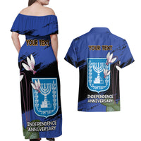 Personalised Israel Independence Day Couples Matching Off Shoulder Maxi Dress and Hawaiian Shirt Menorah With Cyclamen Persicum Grunge - Wonder Print Shop