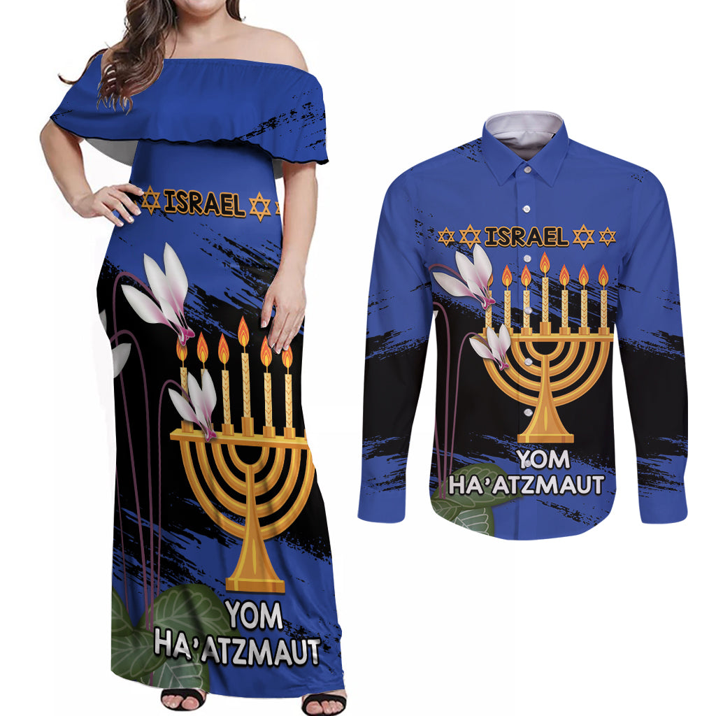 Personalised Israel Independence Day Couples Matching Off Shoulder Maxi Dress and Long Sleeve Button Shirt Menorah With Cyclamen Persicum Grunge - Wonder Print Shop