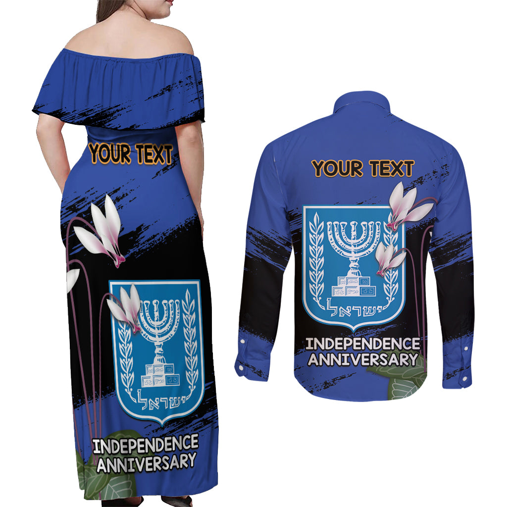 Personalised Israel Independence Day Couples Matching Off Shoulder Maxi Dress and Long Sleeve Button Shirt Menorah With Cyclamen Persicum Grunge - Wonder Print Shop